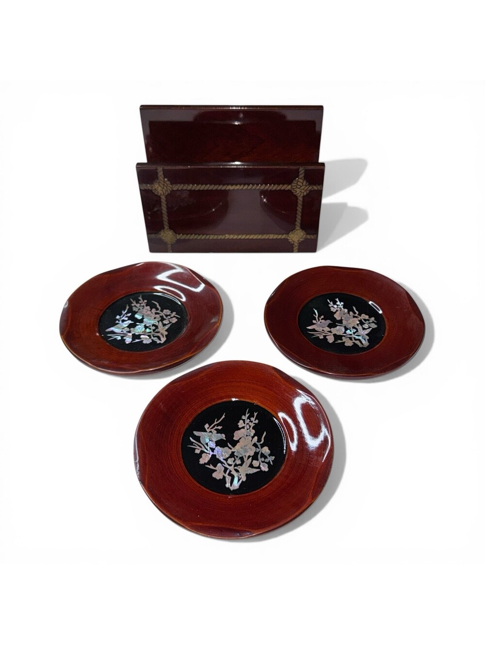Mother of Pearl Inlay Cherry Blossom 3 Coasters Wood Holder Brass Rope MCM Decor